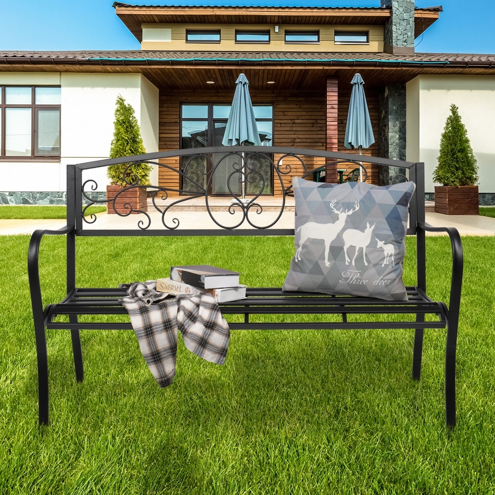 51 Patio Park Garden Outdoor Bench Patio Porch Chair Deck Iron Frame Black