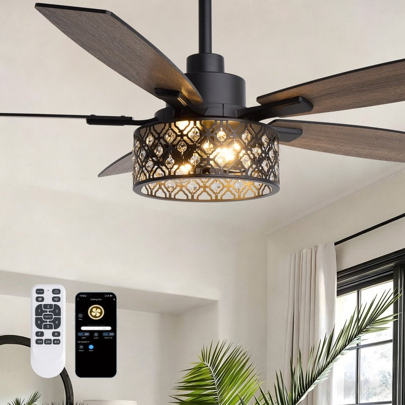 52Inch 2 Light Farmhouse Crystal Caged Ceiling Fans With Lights And Remote Modern Wood Grain Fandelier 52In.