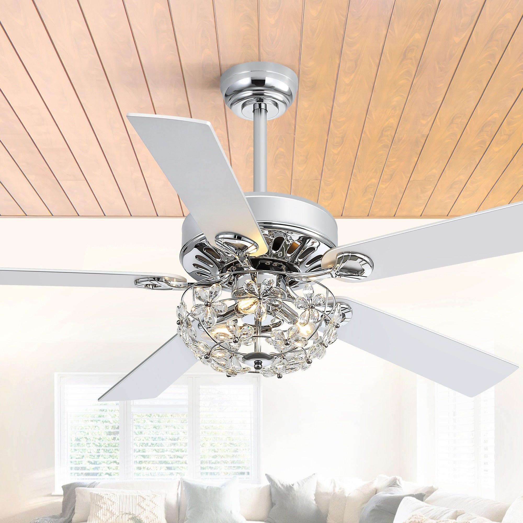 52 Inch 5 Blade Chrome Ceiling Fan With Light And Remote.