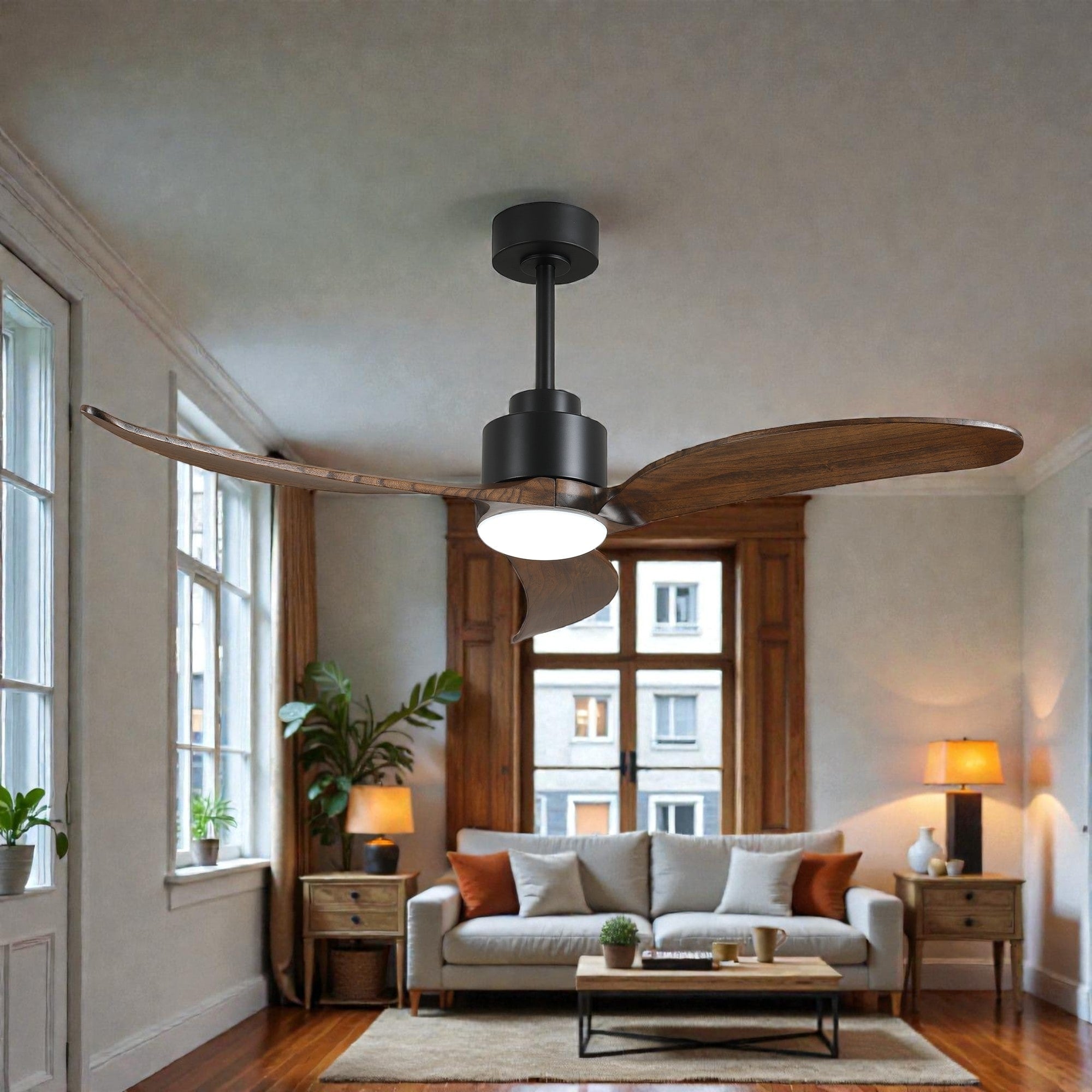 52 Inch Ceiling Fan With Dimmable Led Light Solid Wood Blades Quiet Reversible Dc Motor Remote 6 Speeds 3 Downrods