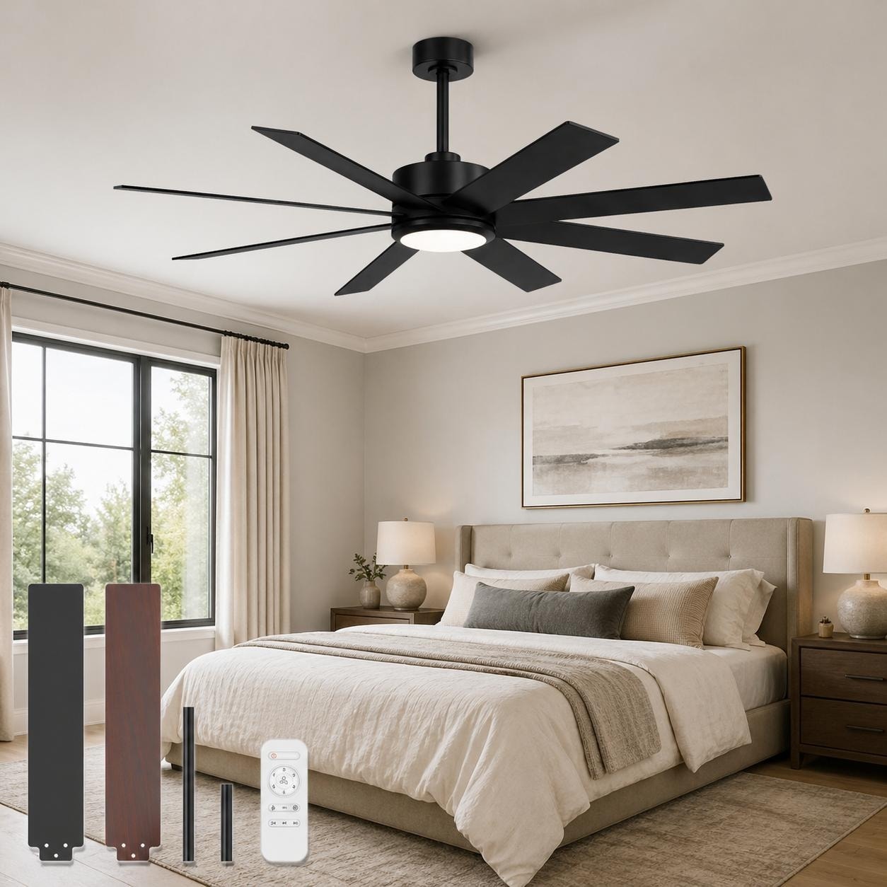 52 Inch Ceiling Fan Without Light 8 Reversible Blades Dc Motor Remote Control 6 Speed Quiet Black Walnut