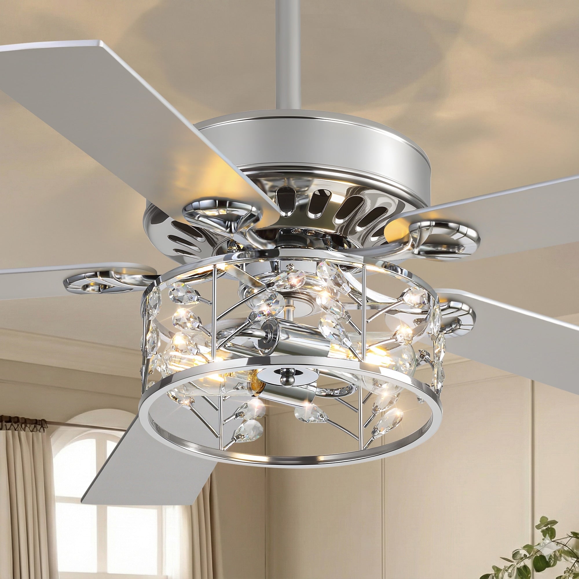 52 Inch Chrome Modern Crystal Ceiling Fan With Lights And Remote Reversible 5 Blade Dc Motor Fan For Bedroom Living Room