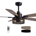 52 Inch Farmhouse Ceiling Fan With Light And Remote Black Industrial Caged Ceiling Fans Flush Mount 6 Speed Design For Bedroom