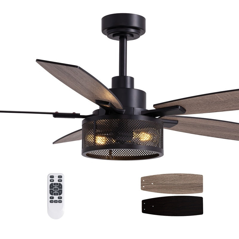 52 Inch Farmhouse Ceiling Fan With Light And Remote Black Industrial Caged Ceiling Fans Flush Mount 6 Speed Design For Bedroom