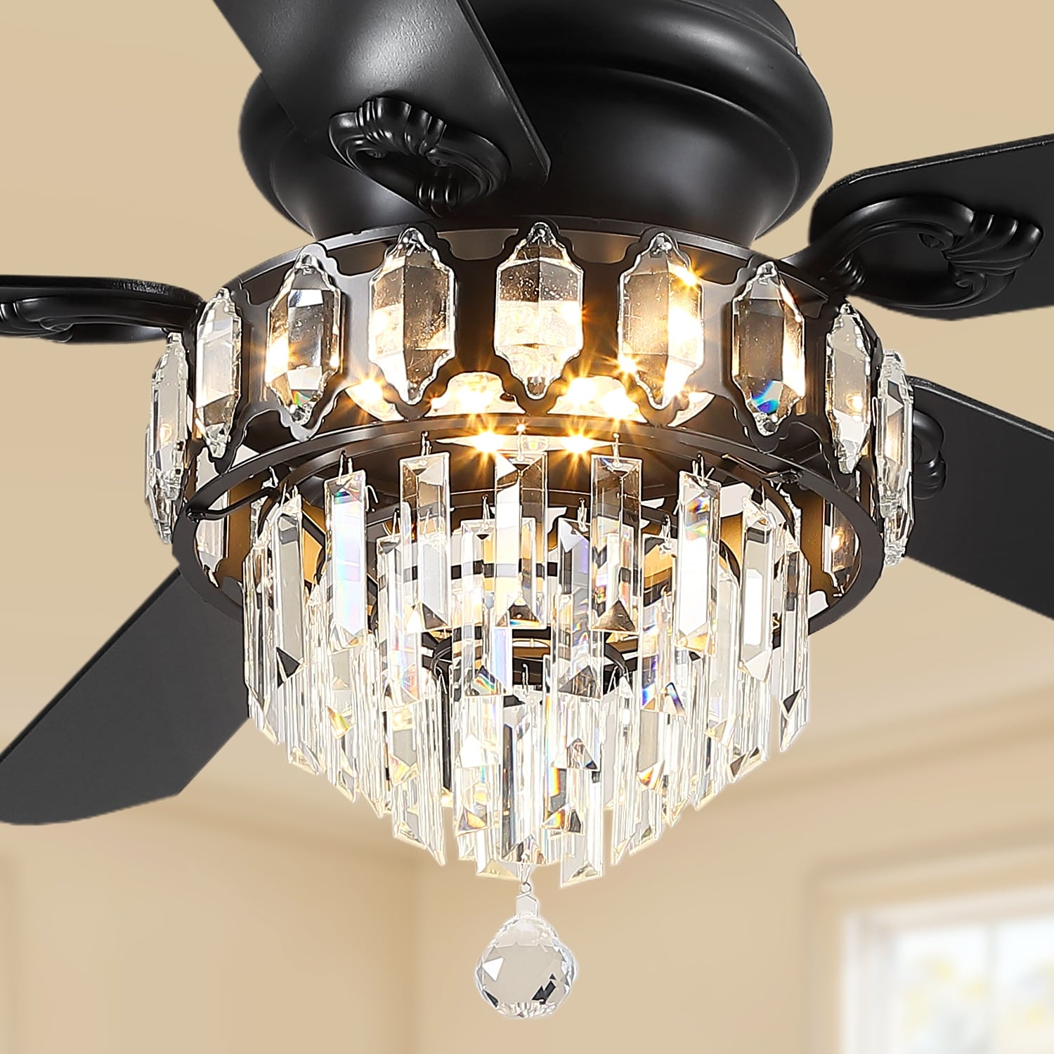 52 Inch Flush Mount Crystal Chandelier Ceiling Fan With Remote Reversible Motor Indoor Outdoor Fans Living Room Dining Room