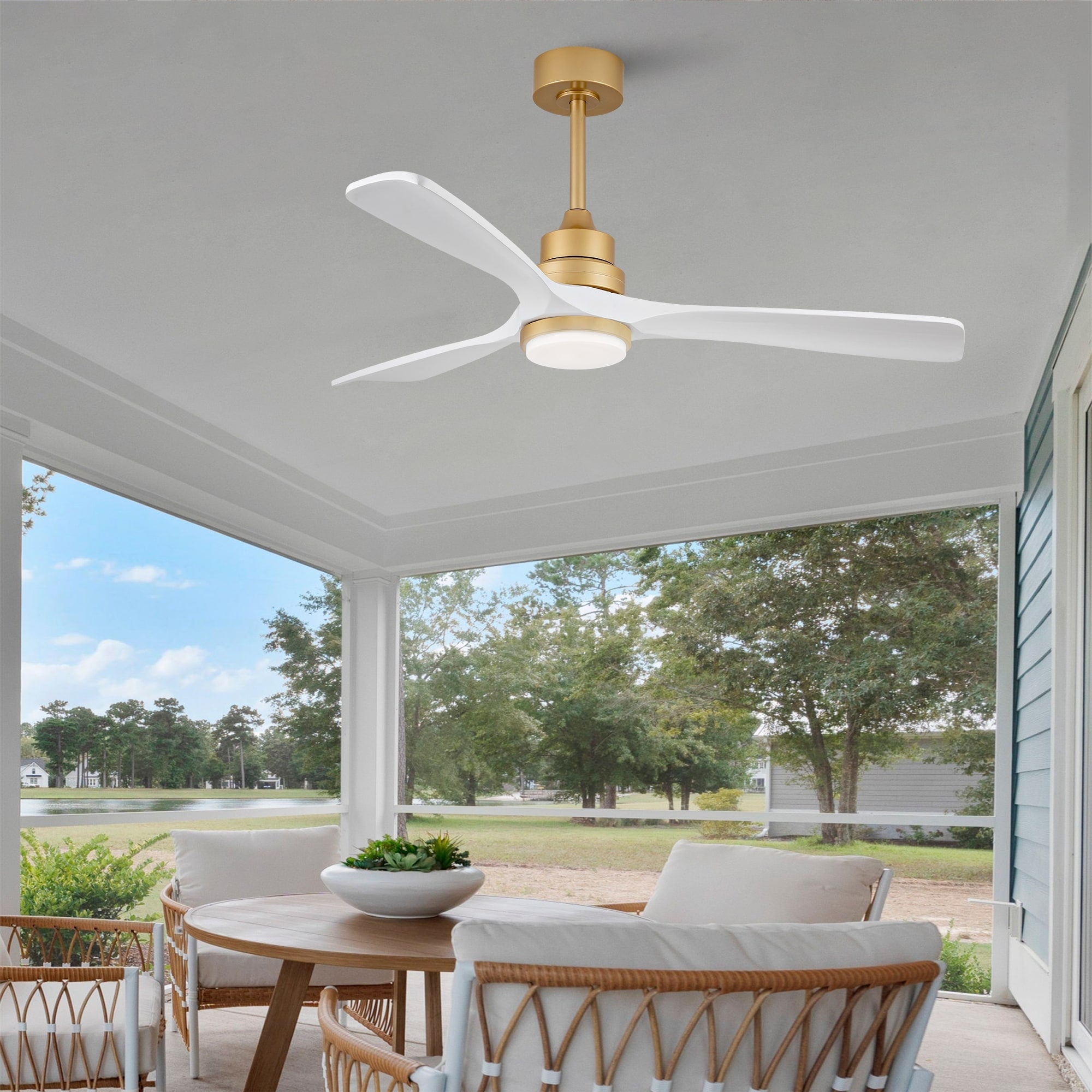 52 Inch Indoor Ceiling Fan With Dimmable Led Light 3 Solid Wood Blades Remote Control Reversible Dc Motor Gold White