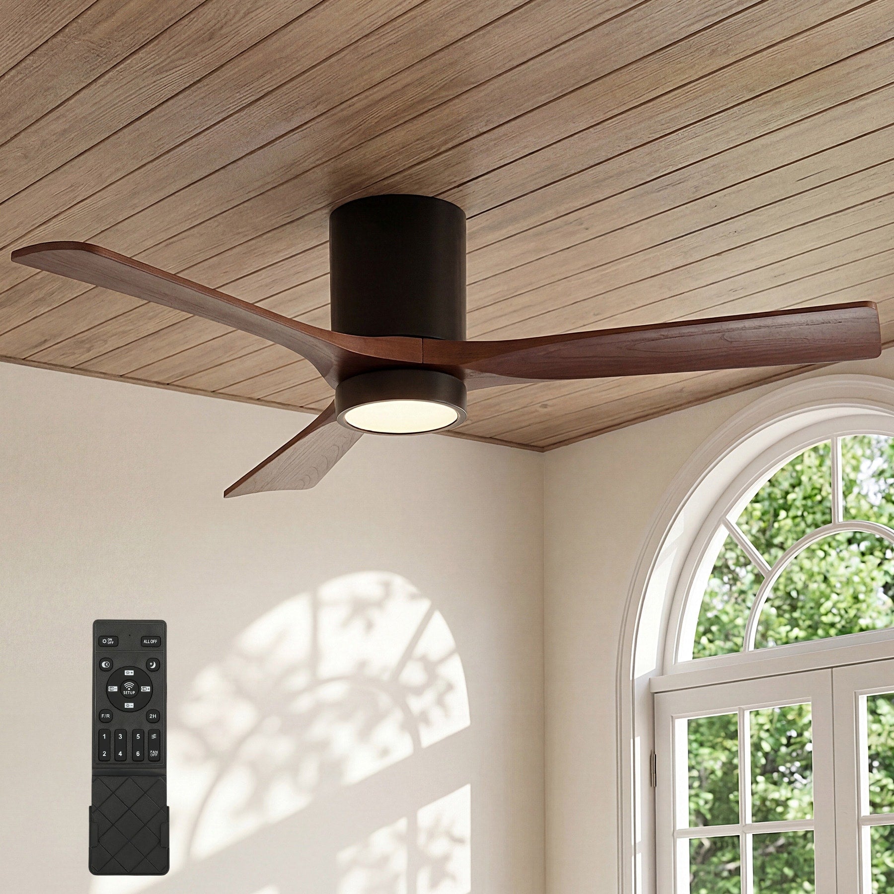52 Inch Smart Ceiling Fan With Led Light Walnut Solid Wood Blades