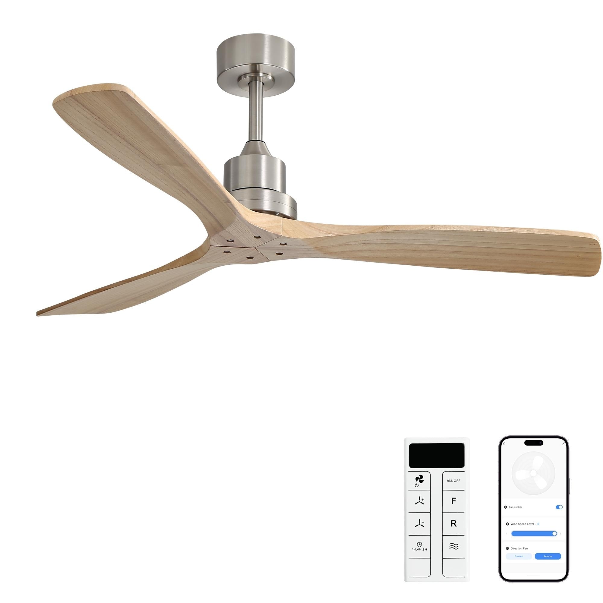 52 Inch Smart Dc Ceiling Fan With 3 Natural Wood Blades Reversible Silent Motor And 1H 4H 8H Timer Function