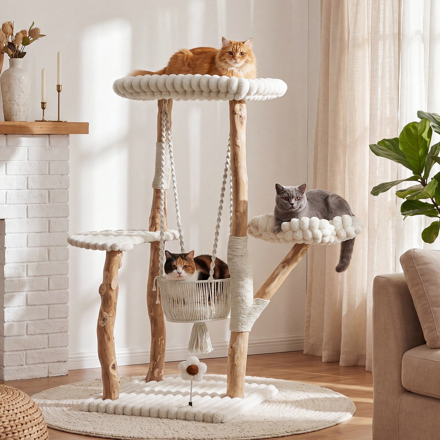52 Inch Solid Wood Cat Tree For Large Medium Small Cats With Scratching Posts Swinging Basket Dangling Toy