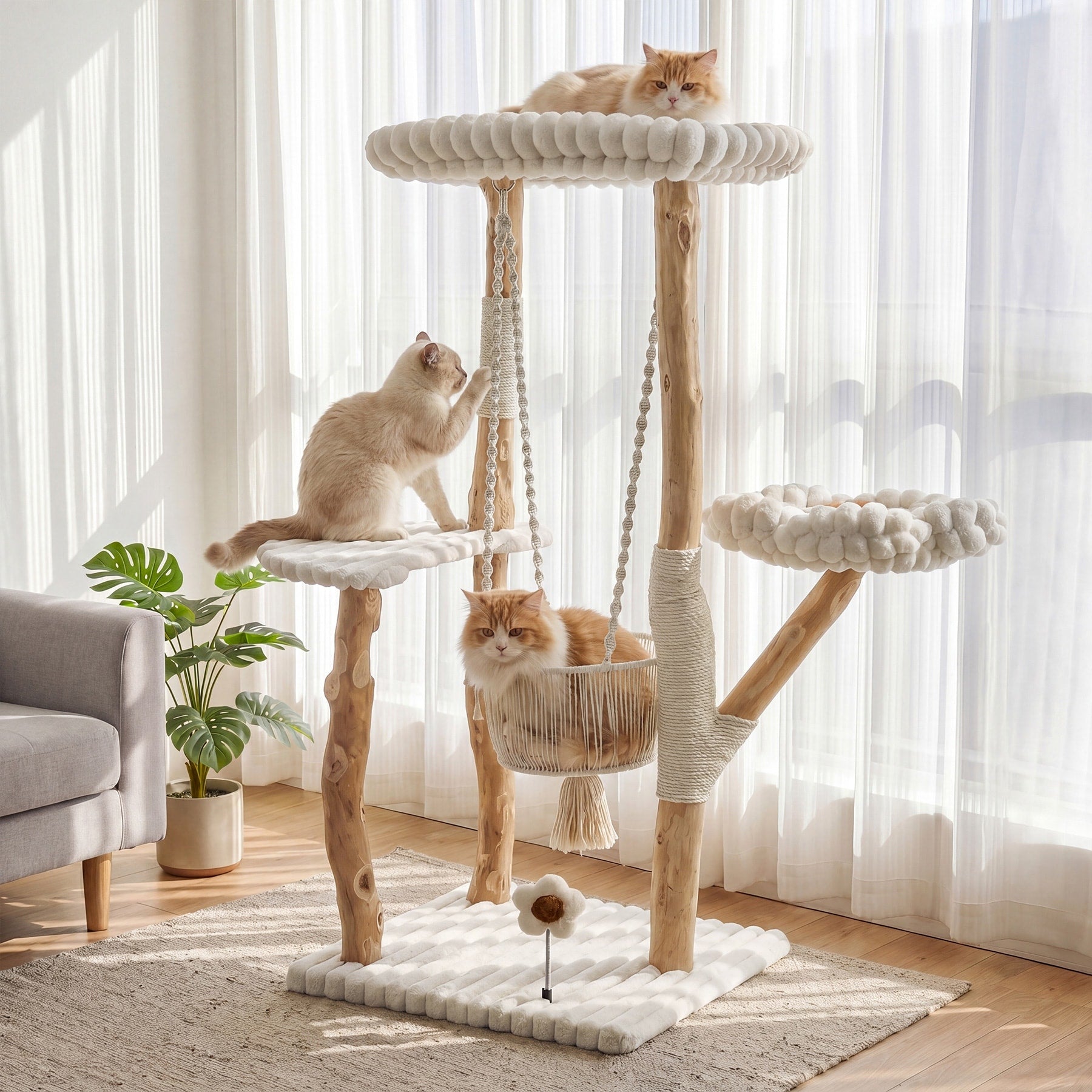 52 Inch Tall Solid Wood Cat Tree For Large Cats And Small Cats With Scratching Posts Swinging Basket Dangling Toy