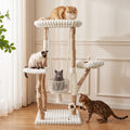 52 Inch Tall Solid Wood Cat Tree With Scratching Posts Swinging Basket Dangling Toy For Large Medium Small Cats