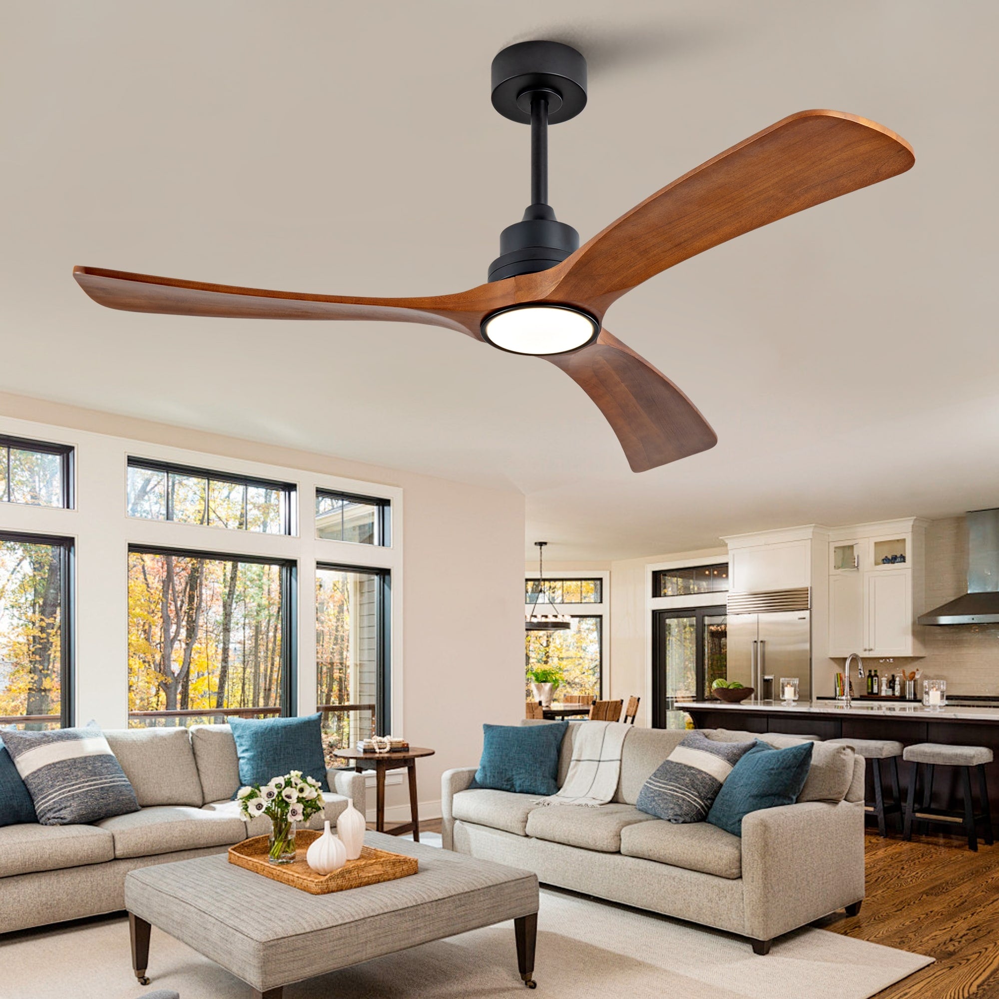52 Inch Wood Ceiling Fan With 3 Solid Wood Blades Remote Control Reversible Dc Motor For Living Room Black