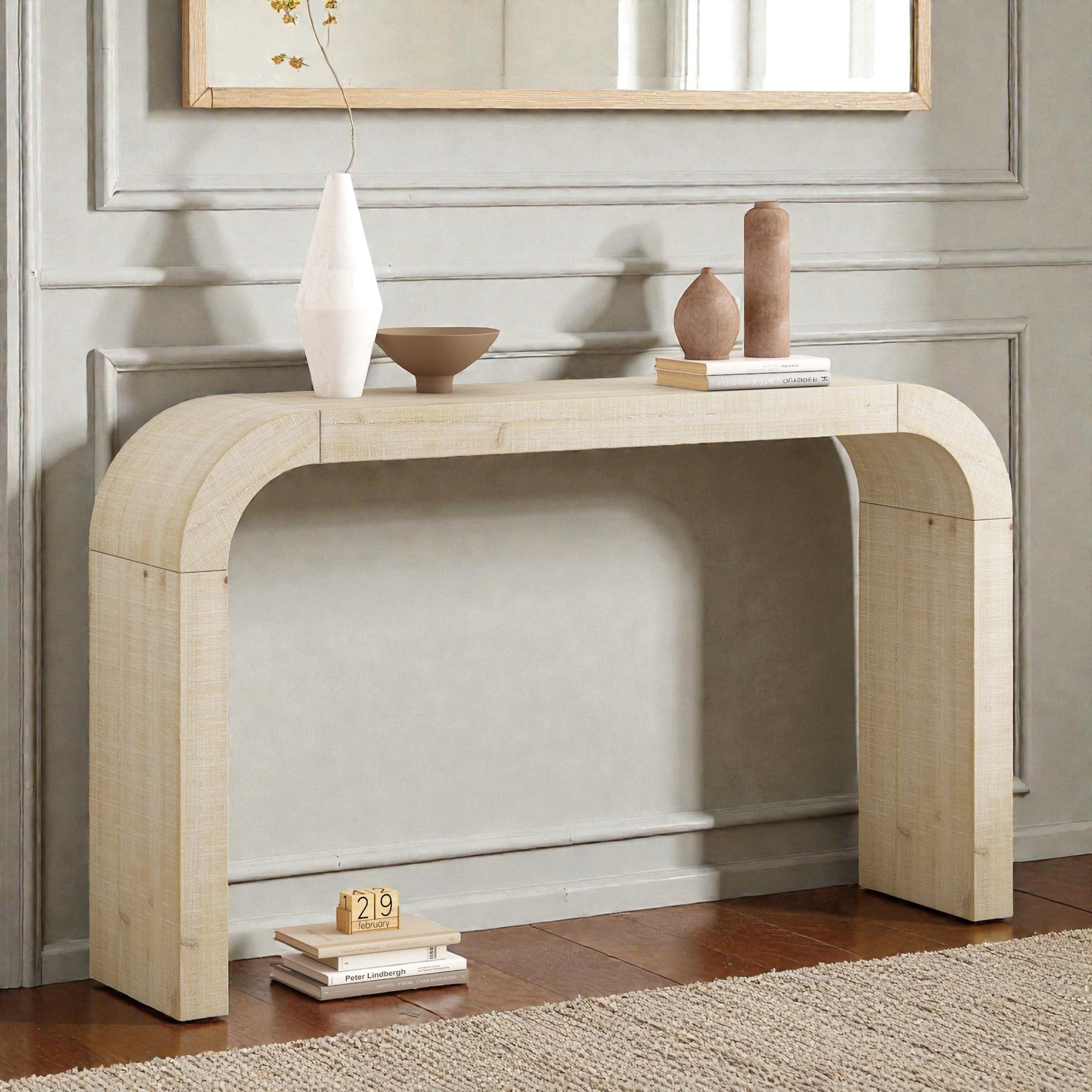 52 Inch Wood Console Table With Curved Edge Rustic Cedar Veneer Entryway Table With Sled Base For Living Room