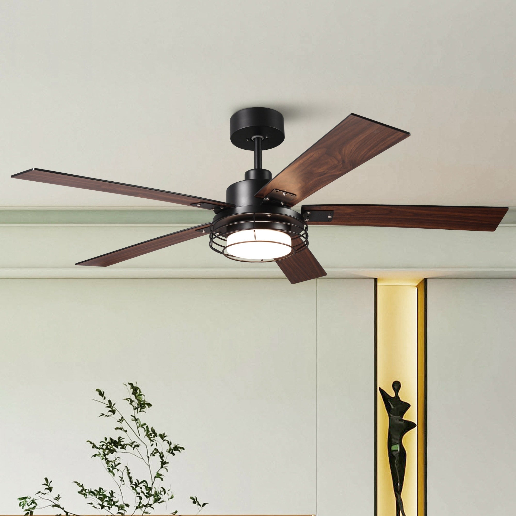 52 Inch Black 5 Blades 2 Light Ceiling Fan With Cage