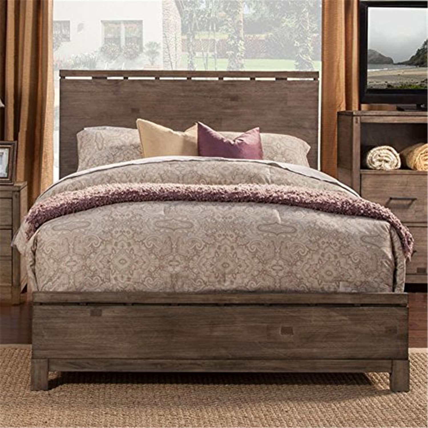 52 In.H Beige Wood Frame King Size Panel Bed With Microfiber Upholstery Material And Bed Frame Mounted