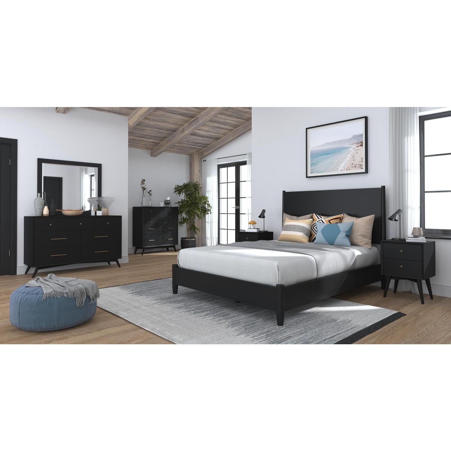 52 In.H Black Wood Frame King Size Panel Bed With Microfiber Upholstery Material And Bed Frame Mounted
