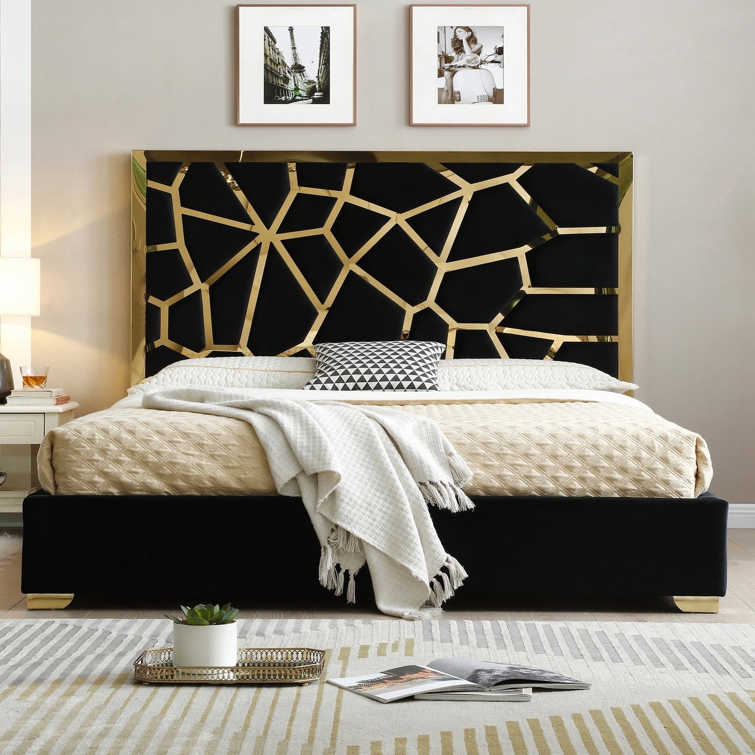 52 In.H Black Wood Frame Queen Size Panel Bed With Velvet Upholstery Material And Bed Frame Mounted