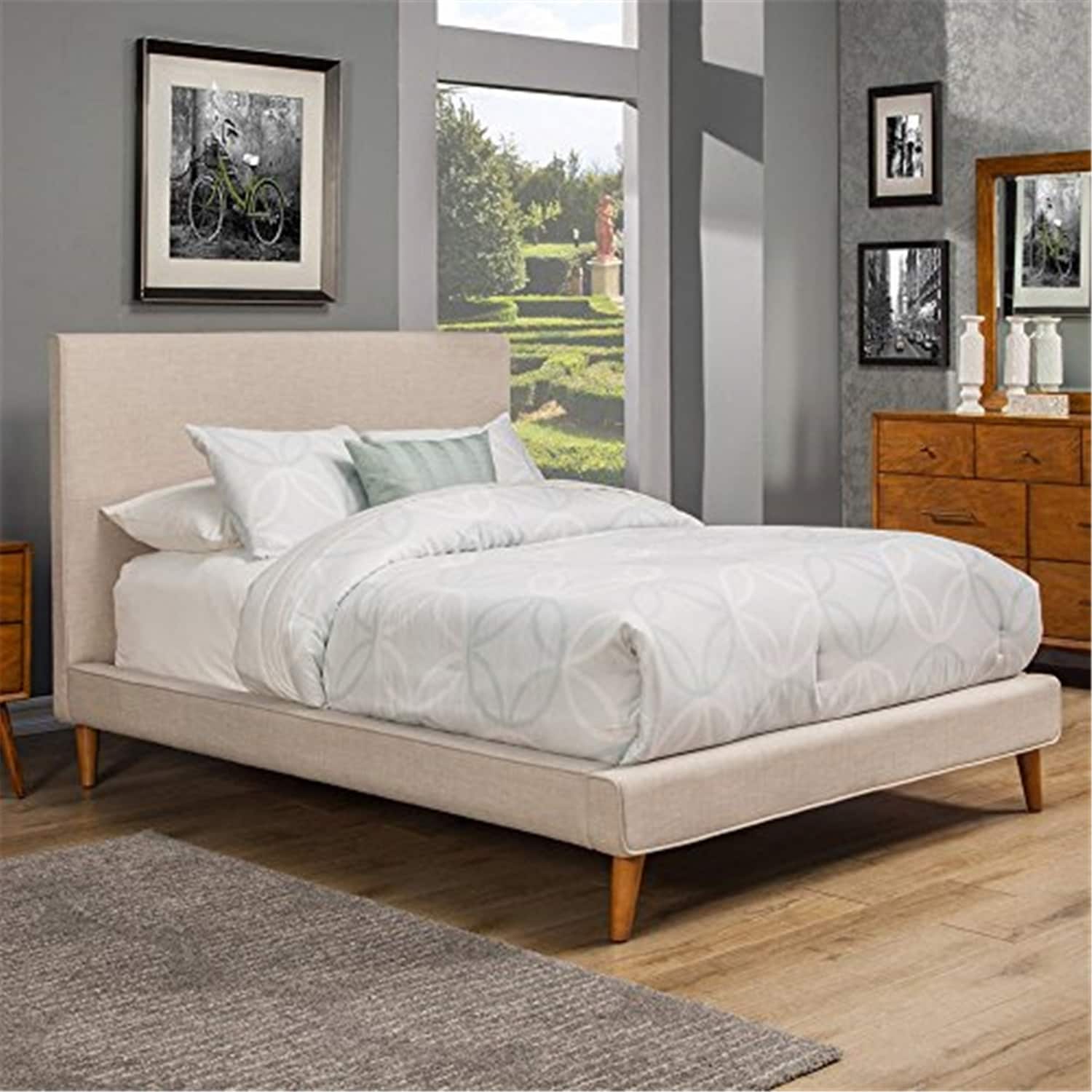 52 In.H Gray Wood Frame King Size Panel Bed With Fabric Upholstery Material And Bed Frame Mounted