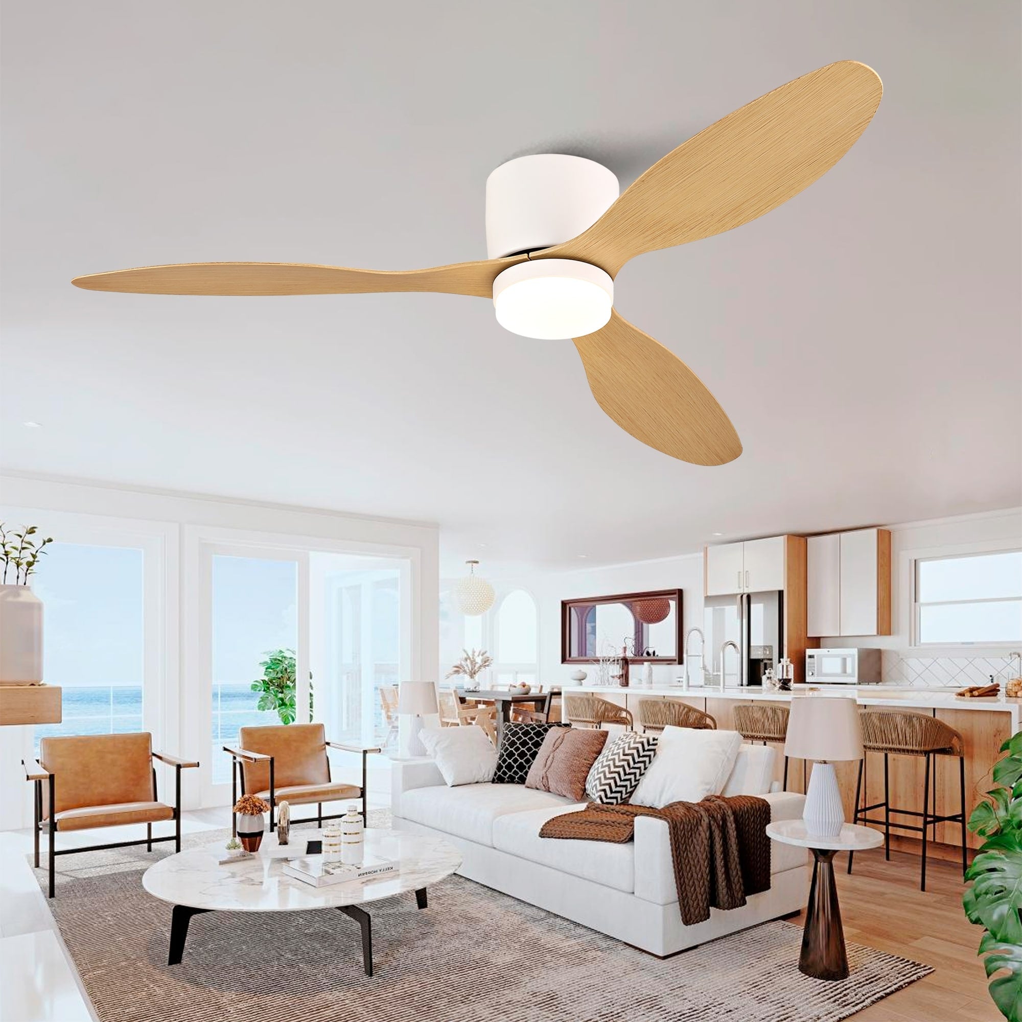 52 Inch Ceiling Fan With Light Ultra Slim Flush Mount Design 3 Abs Plastic Blades Remote Control Included