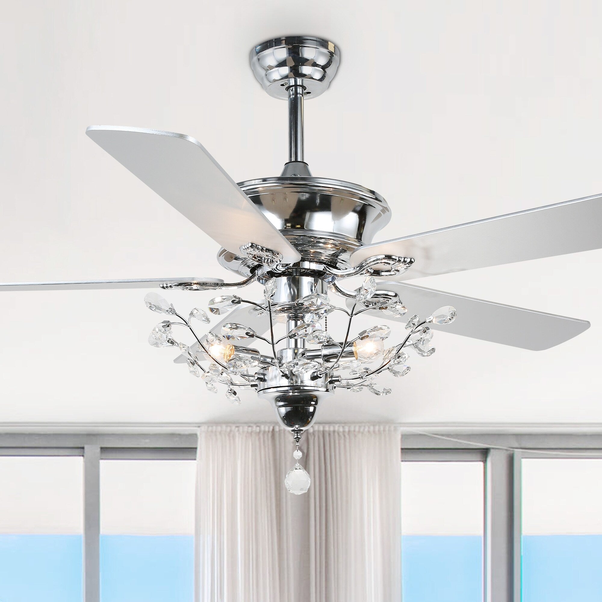 52 Chrome 5 Blade Reversible Branches Crystal Ceiling Fan