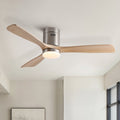 52 Inch Mordern Cozy Natural Style Solid Wood Low Profile Flush Mount Intergrated Led Ceiling Fan With Light Brushed Nickel