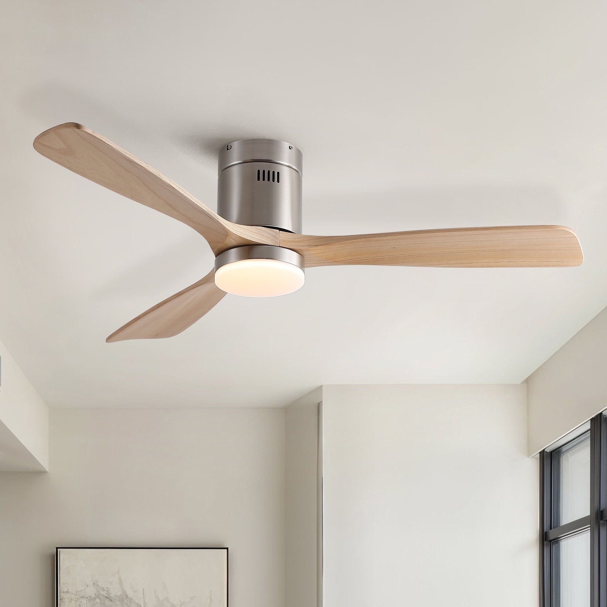 52 Inch Mordern Cozy Natural Style Solid Wood Low Profile Flush Mount Intergrated Led Ceiling Fan With Light Brushed Nickel
