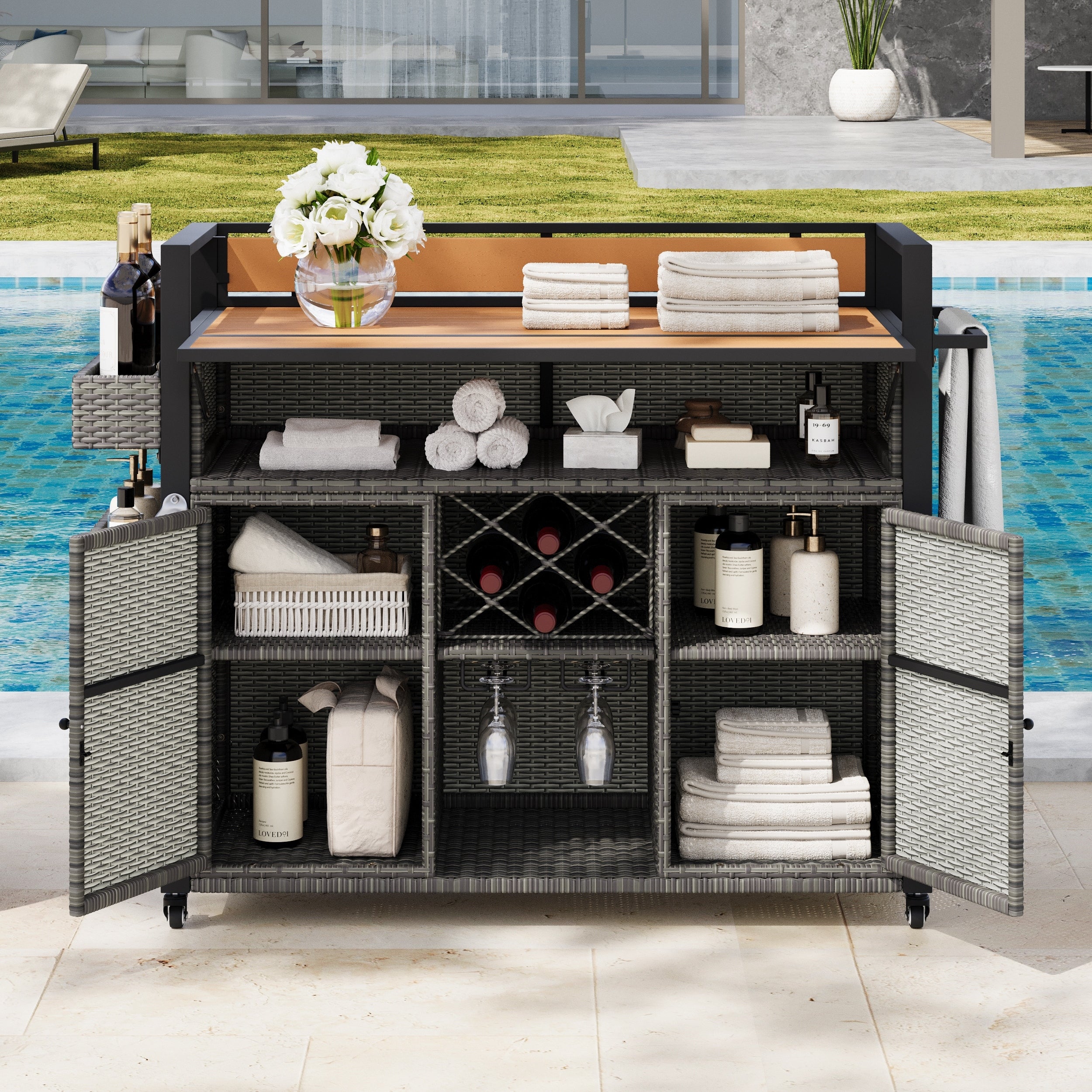 52.8 Wicker Outdoor Grill Cart With Rolling Kitchen Island Storage