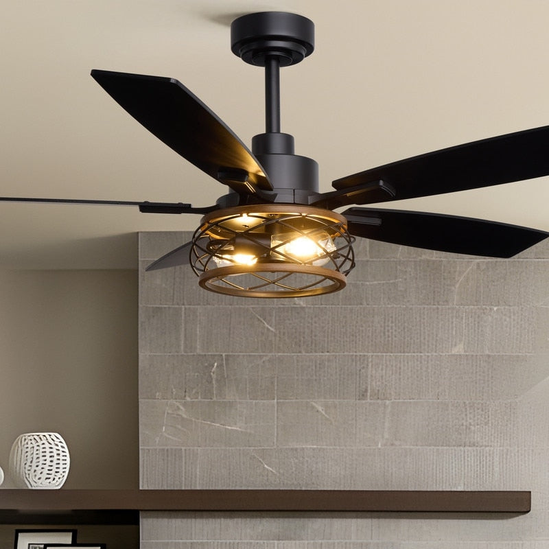 52Inch Farmhouse Rustic Black Caged Ceiling Fans With Lights And Remote Wire Cage Wood Grain Ceiling Fans For Living Room
