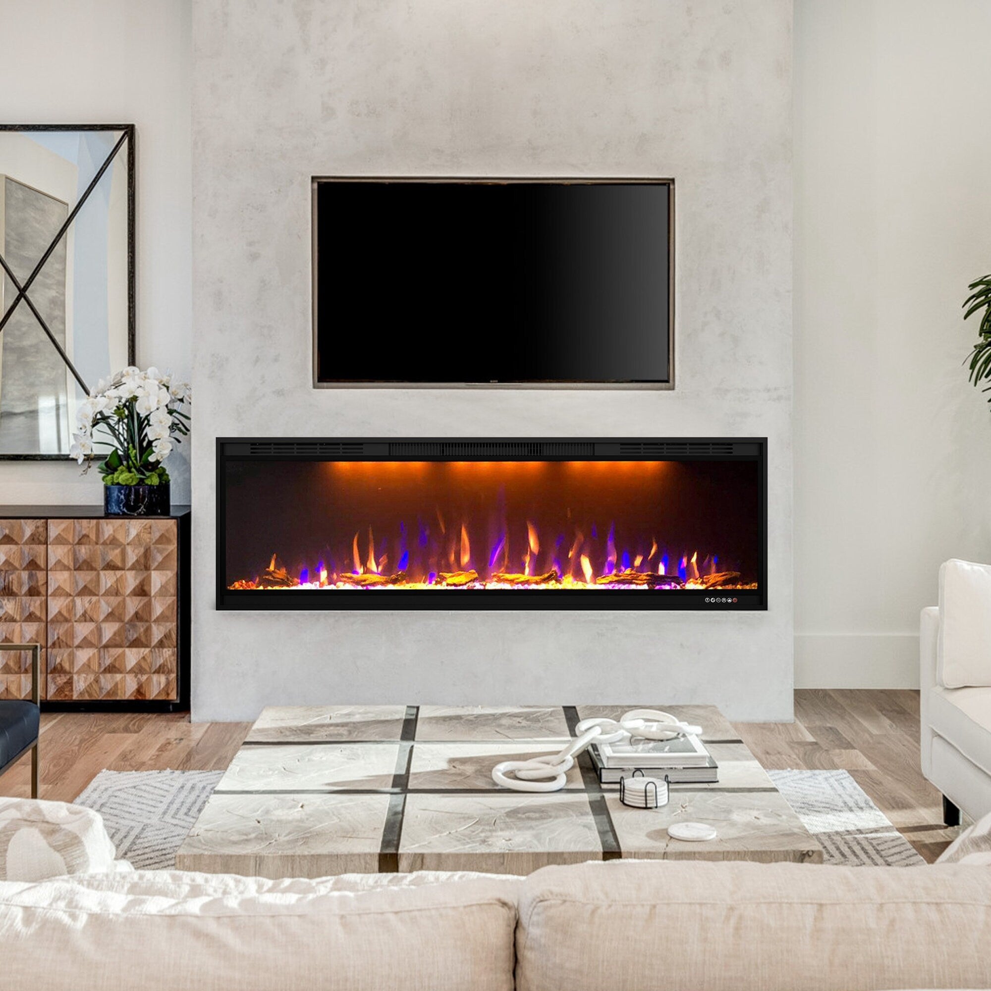 52 1500W Inserted Wall Mounted Modern Smart Electric Fireplace Heater With App Control And Remote