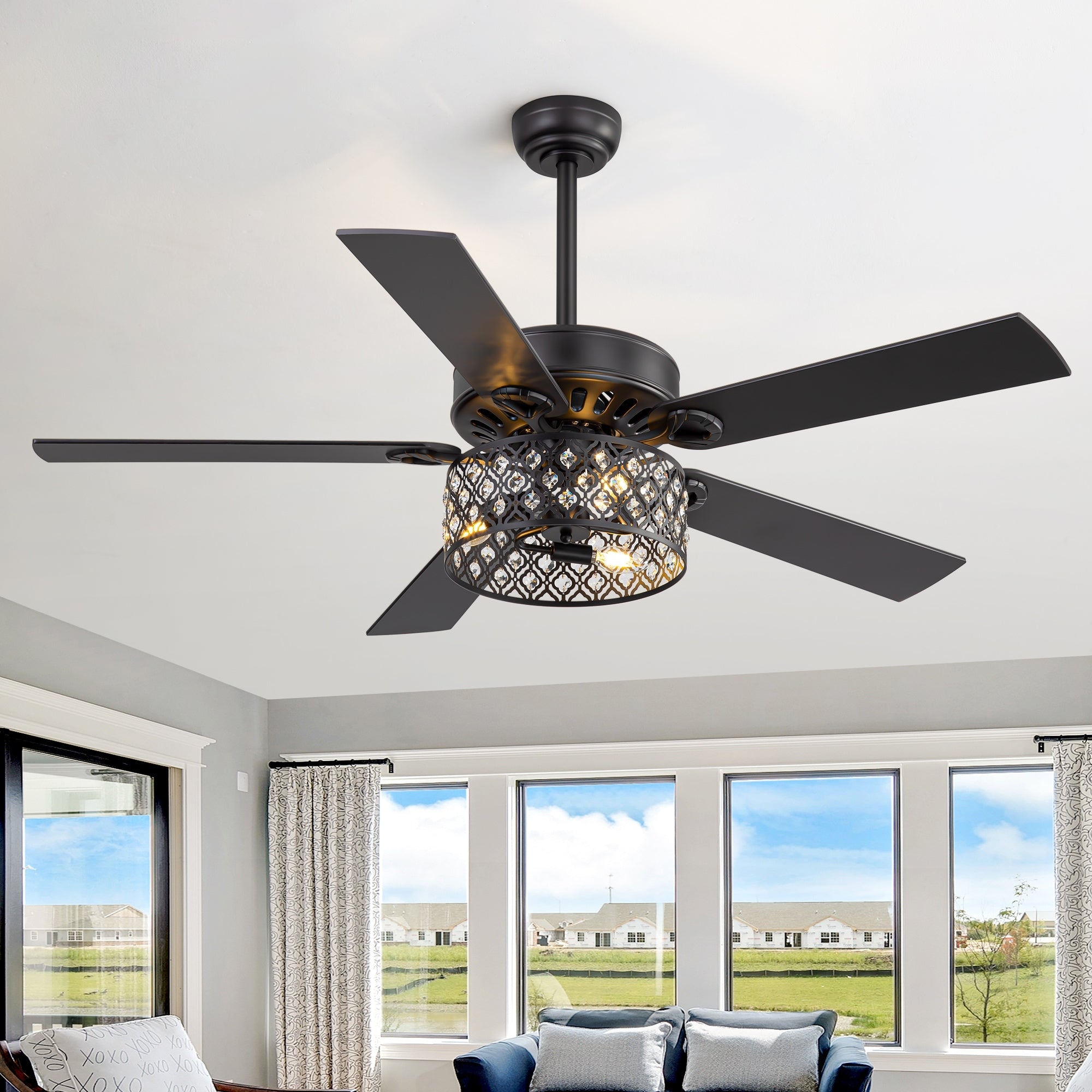 52 Ceiling Fan With Crystal Light 3 E12 Bulbs Required Dc Motor 6 Speed Remote Reversible Timer Quiet 5 Wood Blades