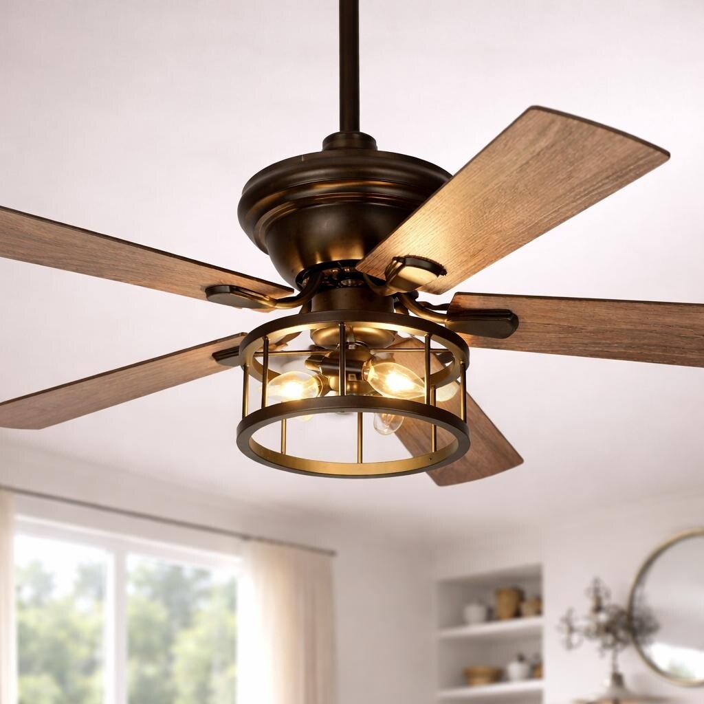 52 Ceiling Fan With Light 5 Plywood Blades E12 3 Light Ac Motor 3 Speeds Remote Control Wood Grain Finish