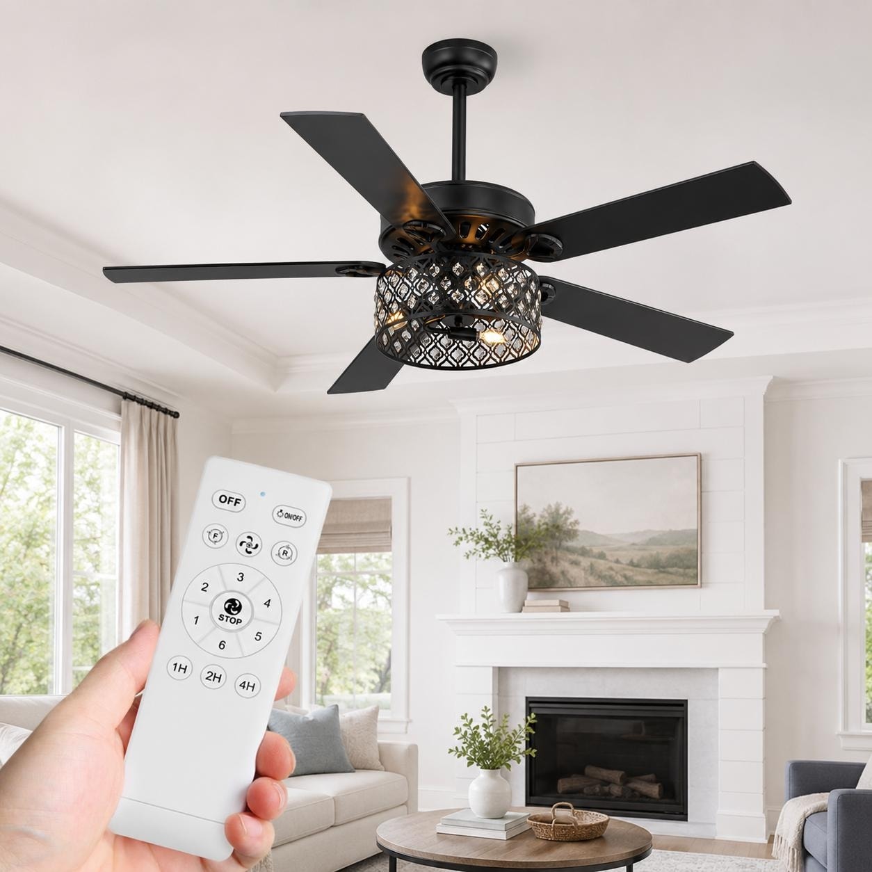 52 Ceiling Fan With Lights E12 3 Bulbs Required Crystal Shade Black Wood Blades Dc Motor Remote 6 Speeds Timer