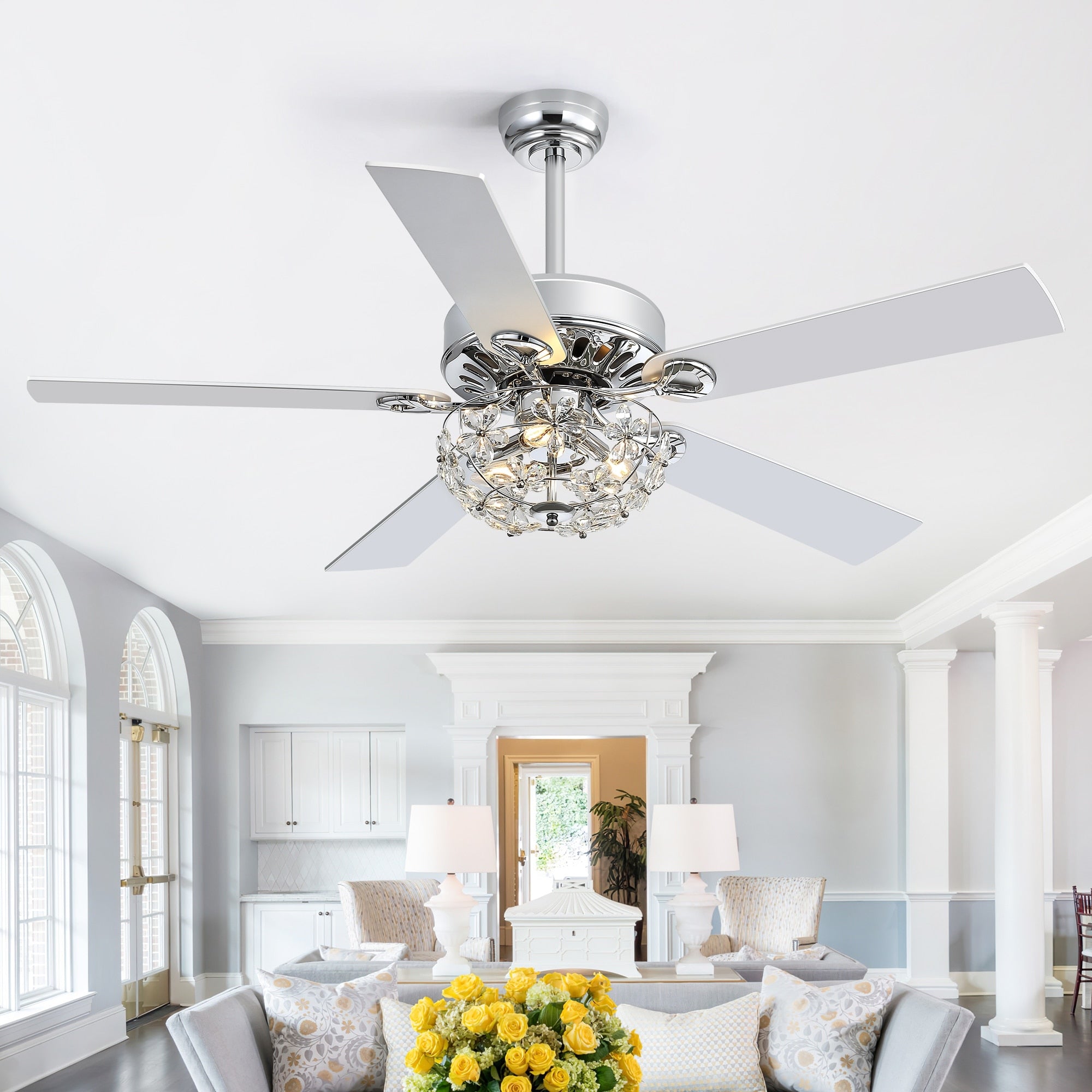 52 Chrome Crystal Ceiling Fan With Lights Remote Control Reversible Dc Motor 6 Speed Indoor Ceiling Fan With 5 Silver Blades