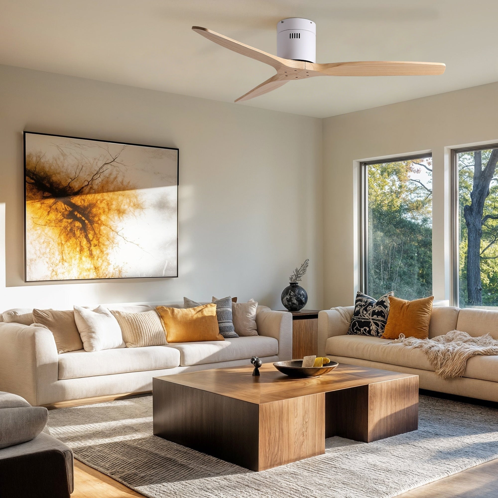 52 Farmhouse Matte White Flush Mount Ceiling Fan Without Light