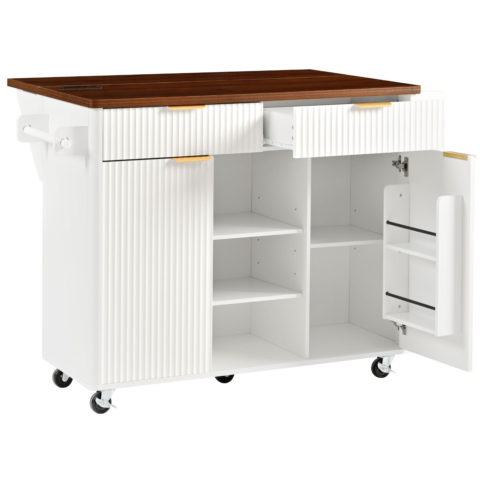 52 Fluted Kitchen Island With Drop Leaf And Power Outlet Kitchen Storage Cart With Adjustable Shelves For Kitchen