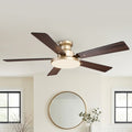 52 Gold Wooden 5 Blade Modern Flush Mount Smart Ceiling Fan With Light And Remote App Control