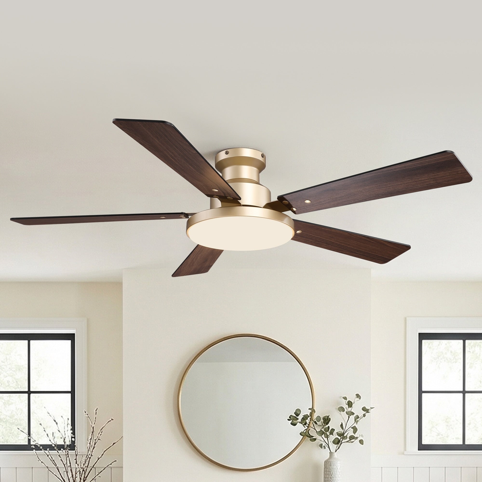 52 Gold Wooden 5 Blade Modern Flush Mount Smart Ceiling Fan With Light And Remote App Control