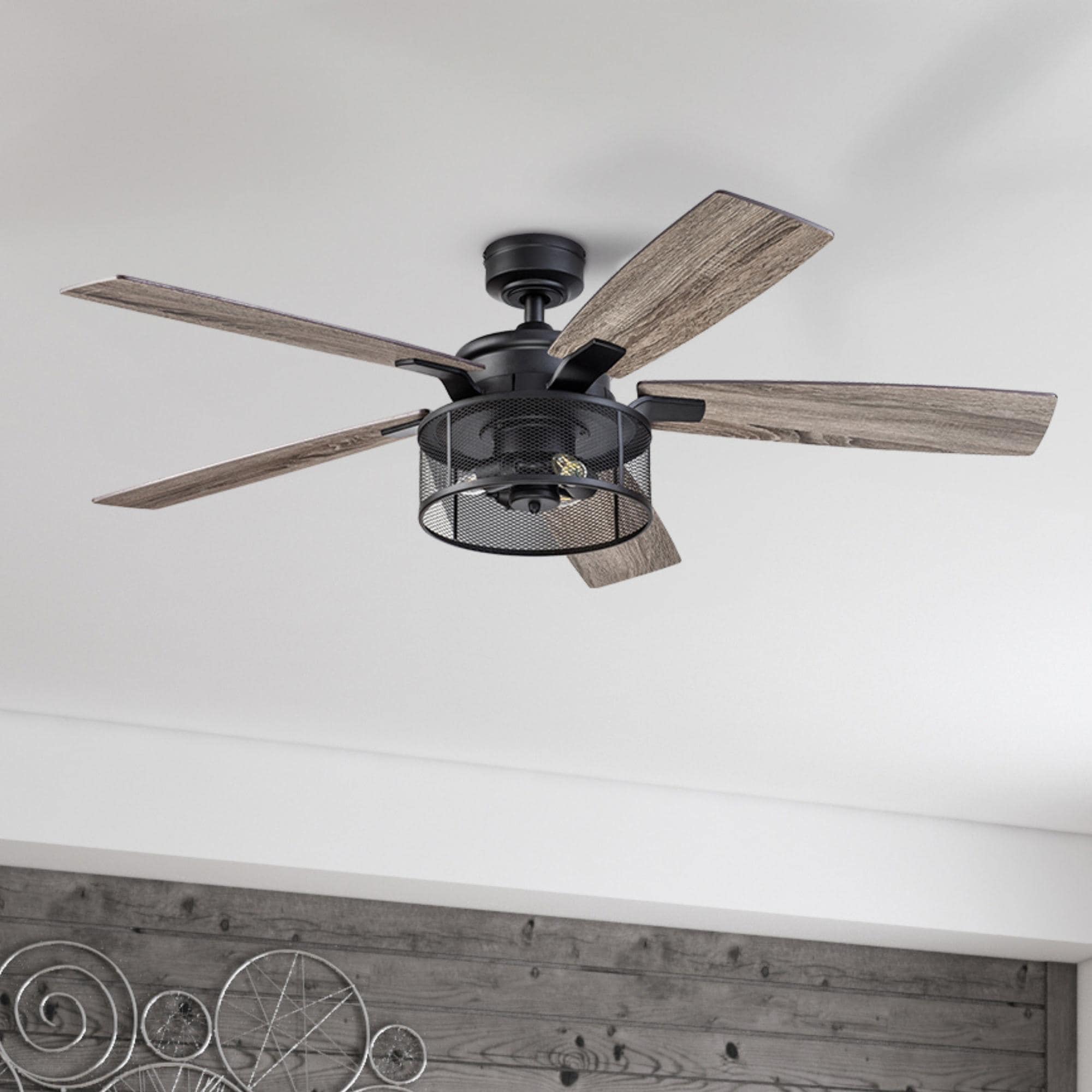 Honeywell Carnige Matte Black Led Industrial Ceiling Fan With Remote Mesh Drum Lighting And Edison Bulbs