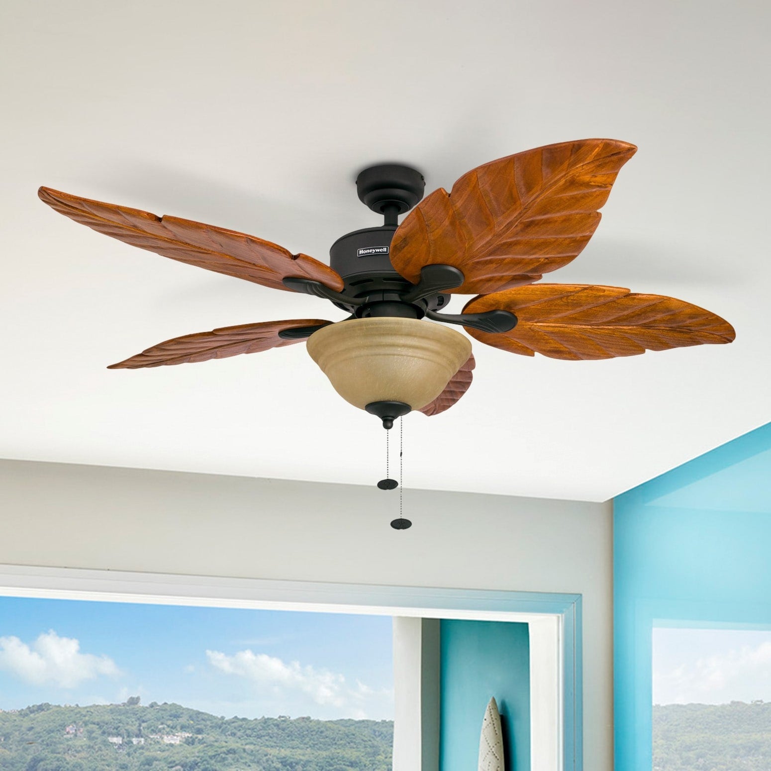 52 Honeywell Sabal Palm Bronze Ceiling Fan With Bowl Light And Carved Wood Blades