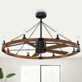 52 Farmhouse Black Wagon Wheel Caged Chandelier Ceiling Fan With Light And Remote