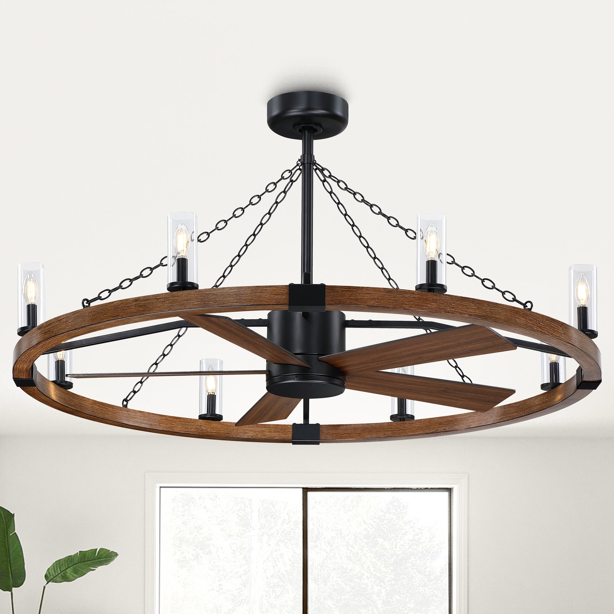 52 Farmhouse Black Wagon Wheel Caged Chandelier Ceiling Fan With Light And Remote