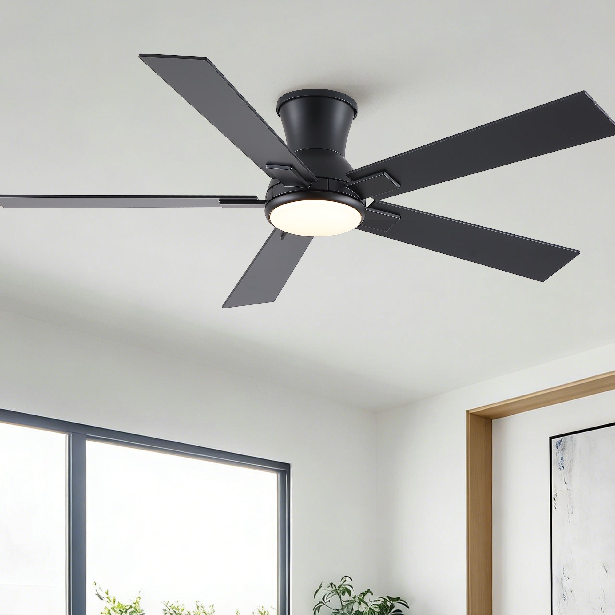 52 Matte Black Modern Low Profile Flush Mount Intergrated Led Ceiling Fan With Light And Reversible Quiet Motor