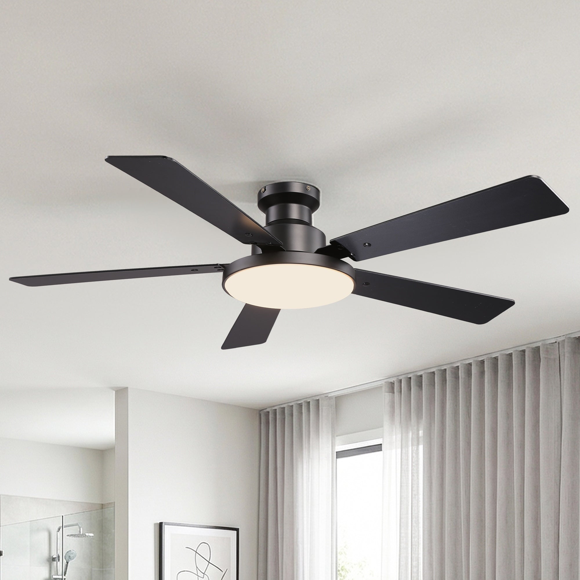 52 Matte Black Reversible 5 Blade Modern Flush Mount Smart Ceiling Fan With Light And Remote App Control