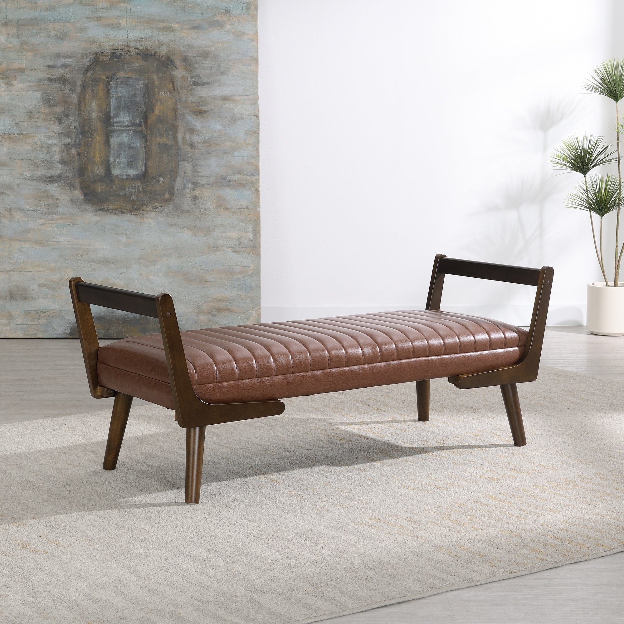 52 Mid Century Bench With Walnut Wood Leg Channeled Upholstered Footrest Stool For Kitchen Living Room Bedroom Entryway