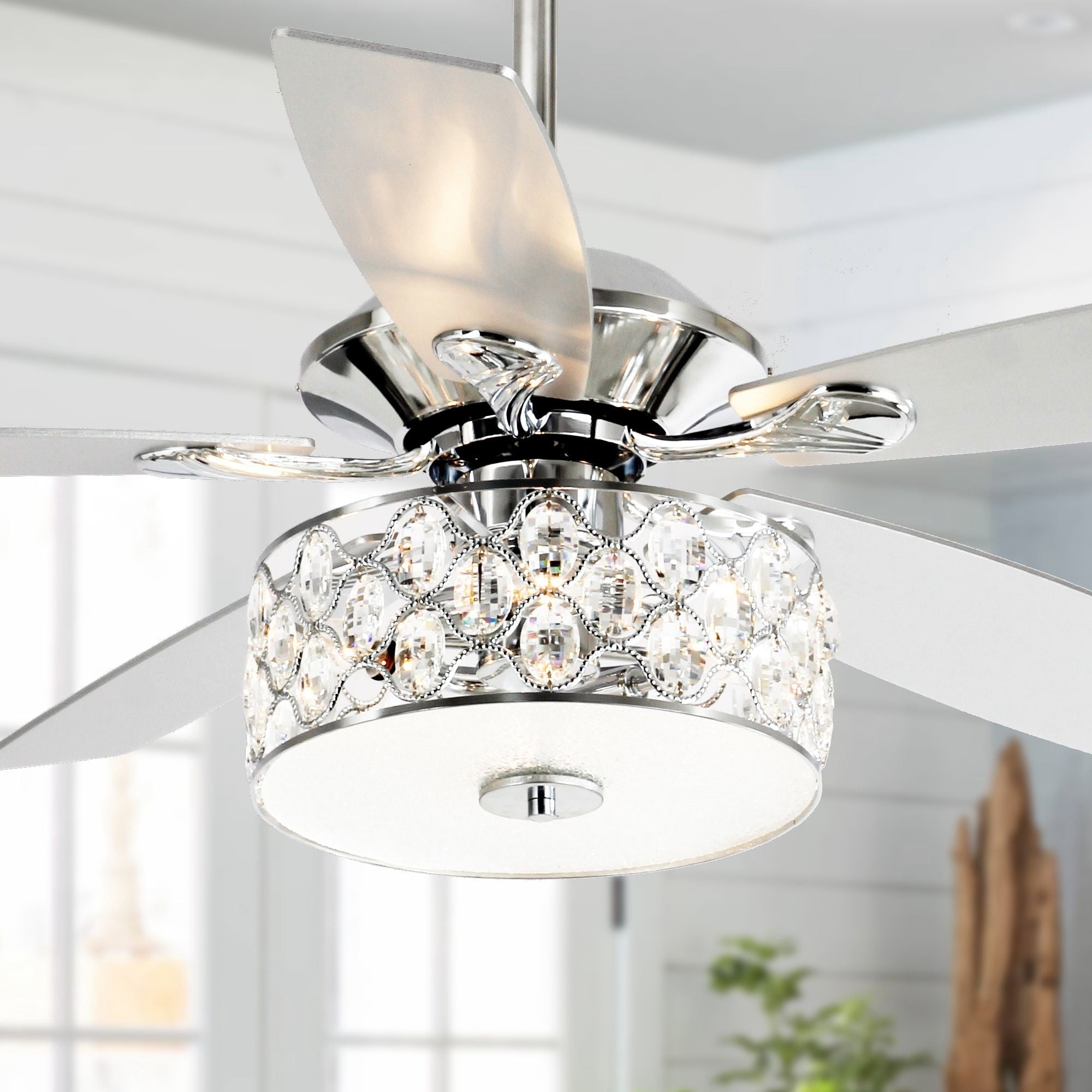 52 Inch Wooden 5 Blade Crystal Chandelier Ceiling Fan With Remote