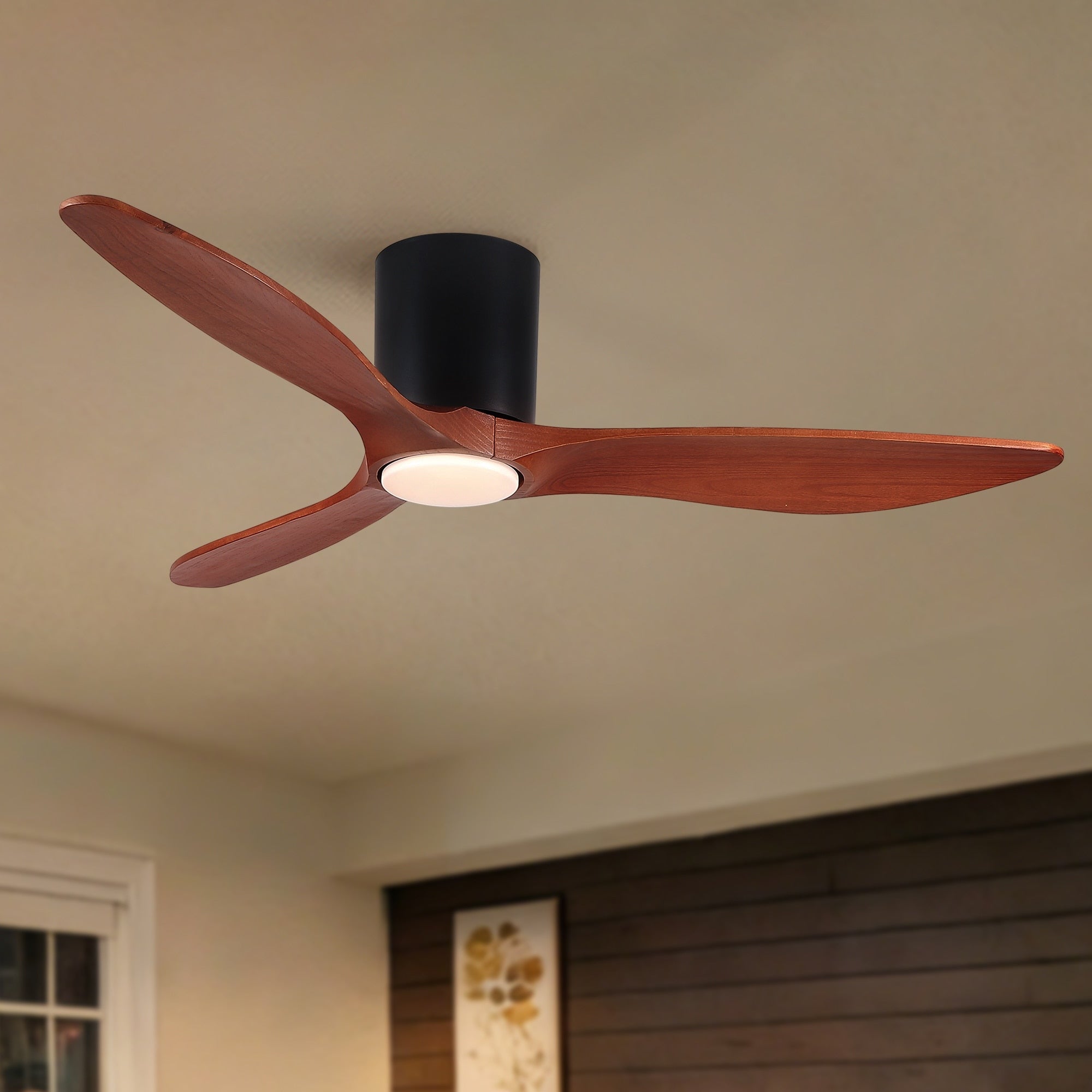 52 Mordern Farmhouse Retro Solid Wood Low Profile Flush Mount Ceiling Fan With Light And Reversible Quiet Motor