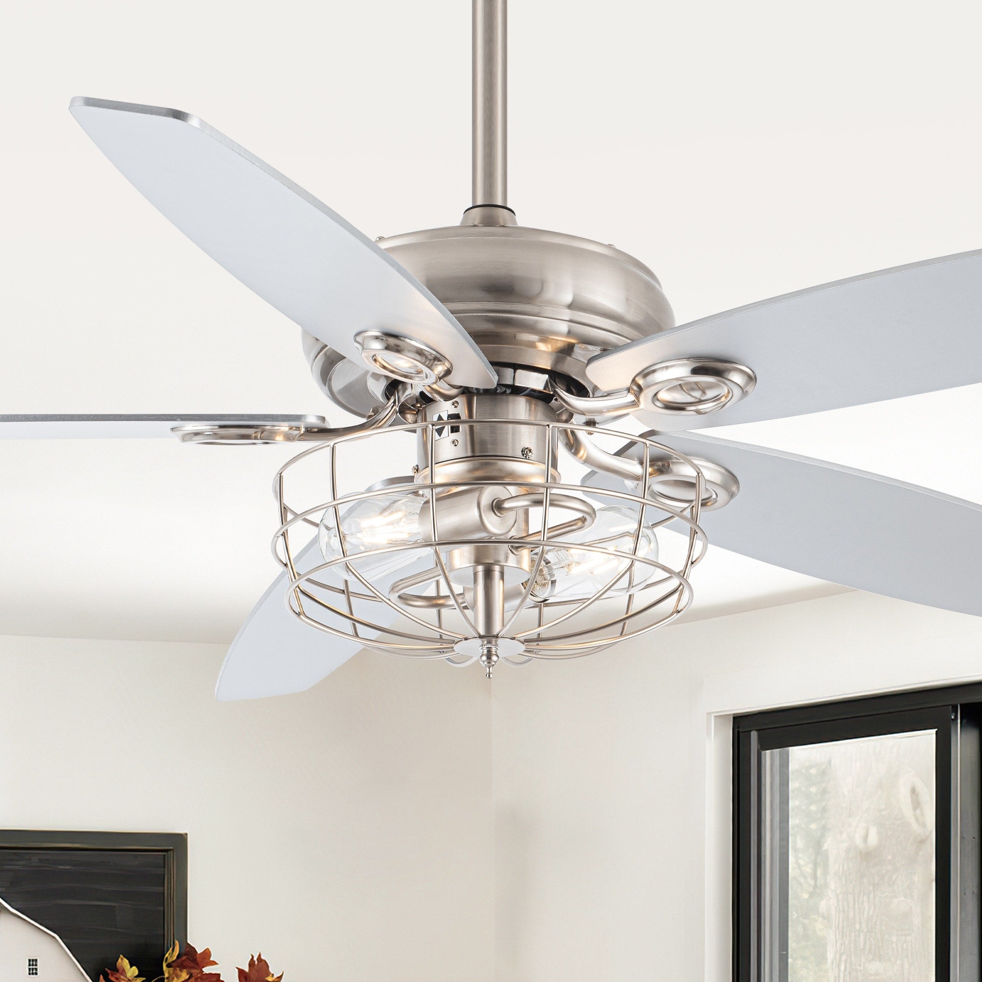 52 Inch Silver 5 Blades 2 Light Ceiling Fan With Cage