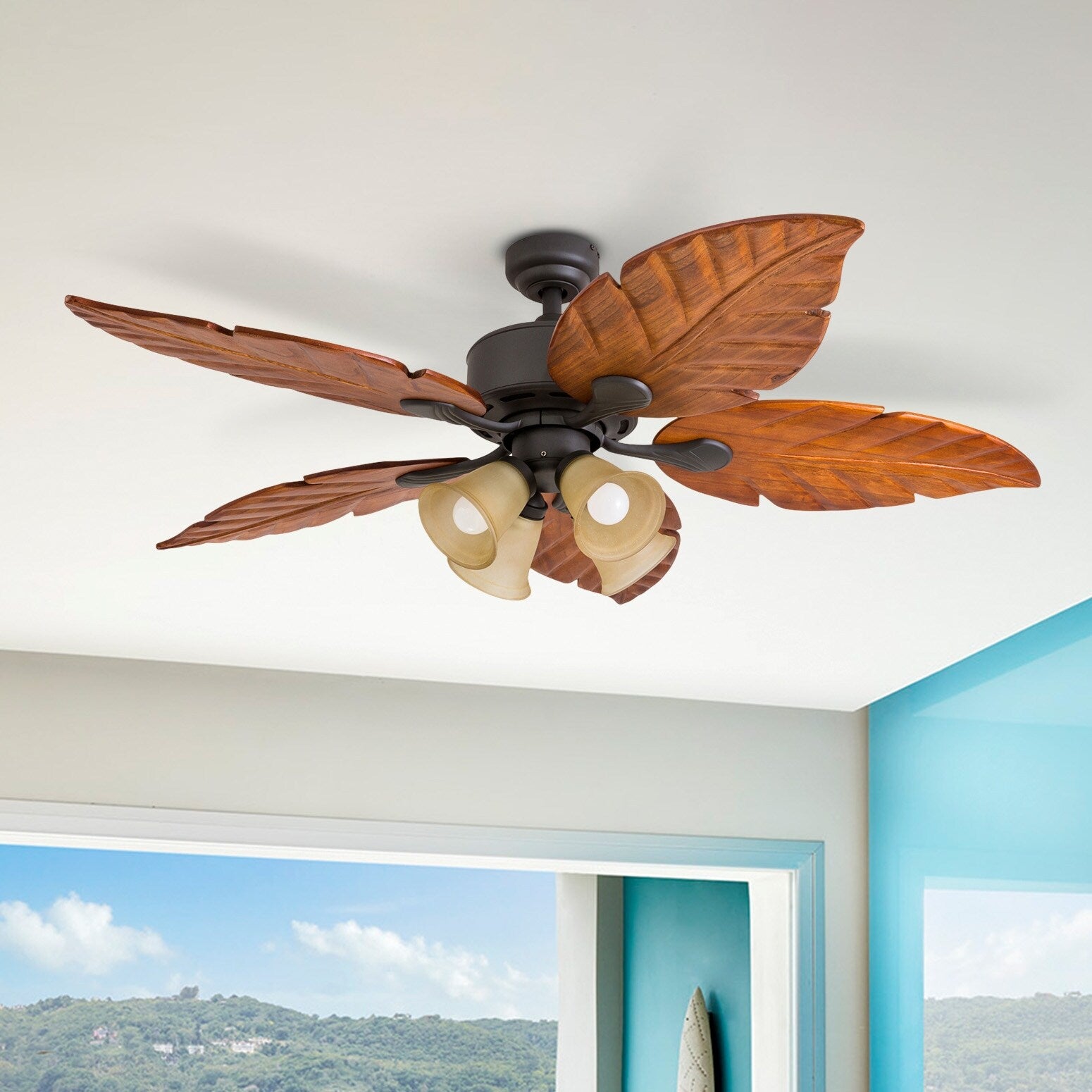 52 Prominence Home Royal Palm Tropical Four Light Led Ceiling Fan Remote Control Bronze