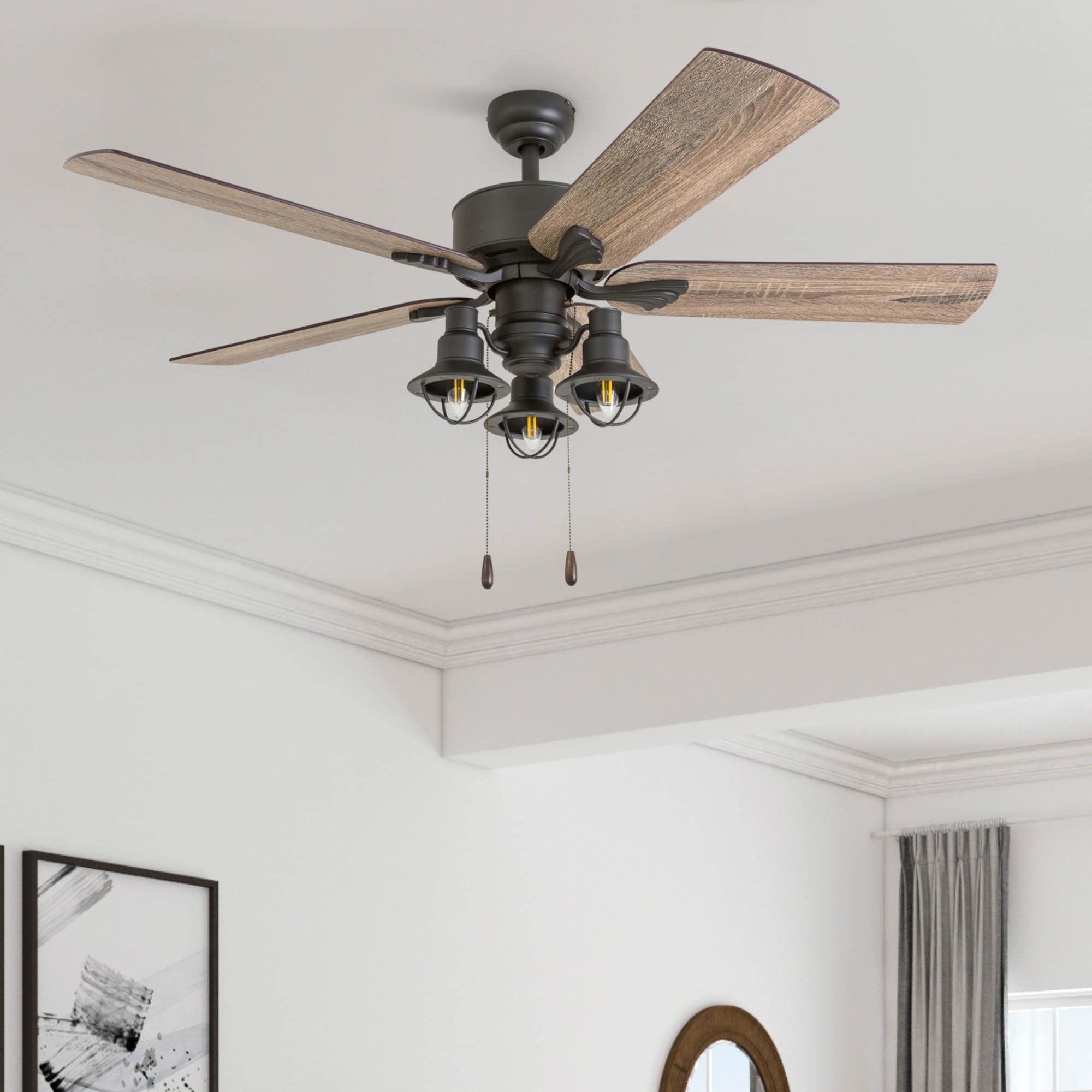 Prominence Home Sivan Farmhouse Aged Bronze Barnwood Blade 52 Inch 3 Speed Remote Led Lantern Light Ceiling Fan
