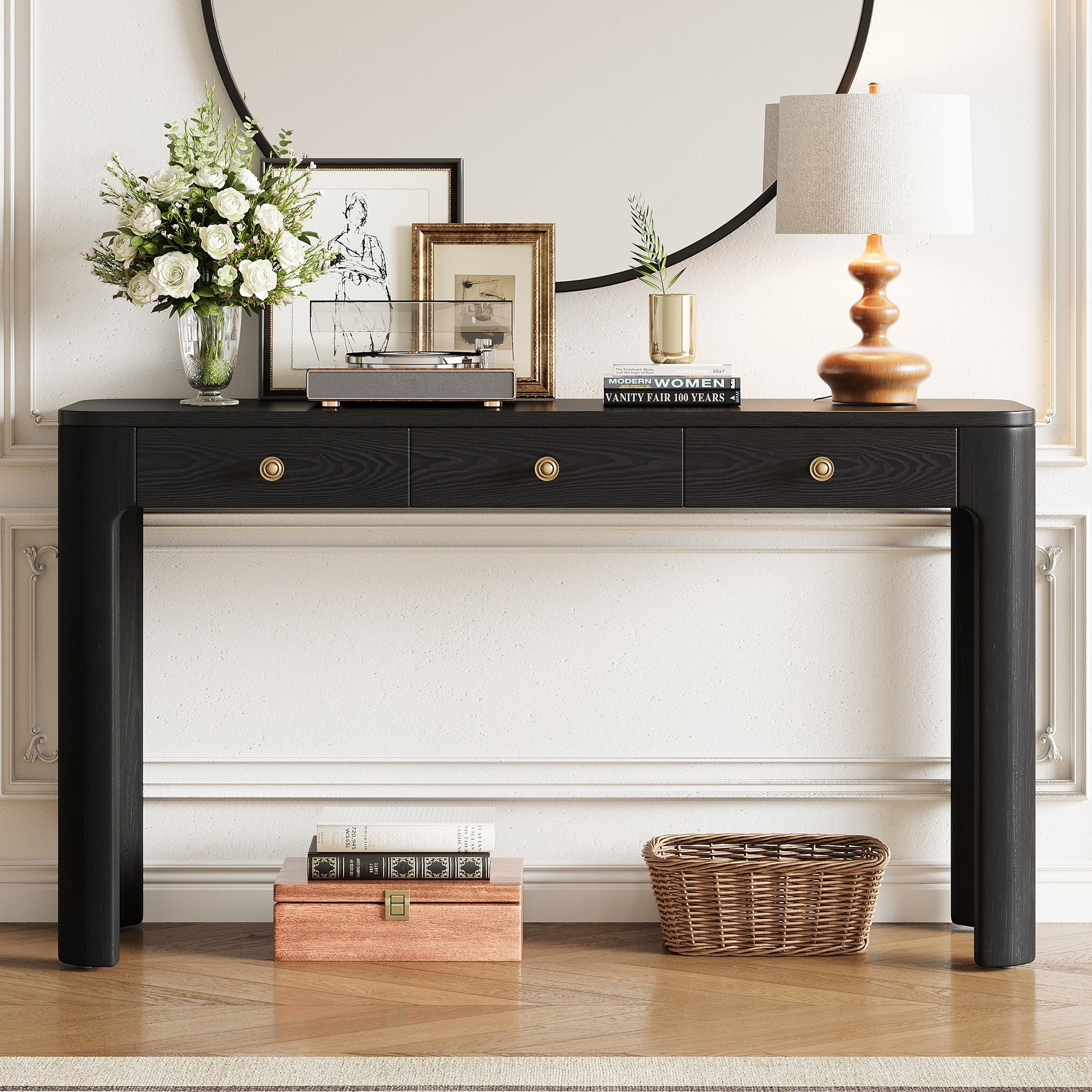 52 Rustic Console Table With Curved Corners And 3 Concealed Drawers